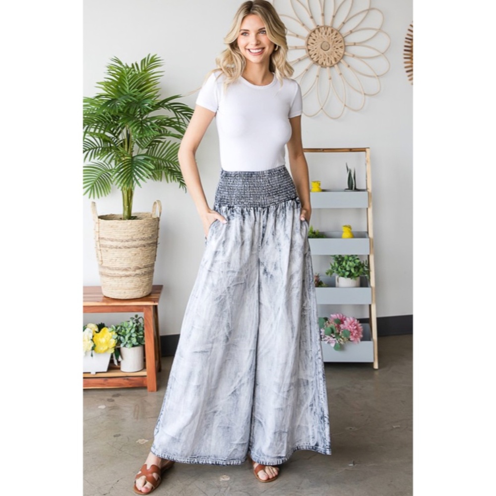SOLD OUT Bleach Washed Gray Wide Palazzo Leg Tencel Casual Smocked High Waist - Picture 2 of 7